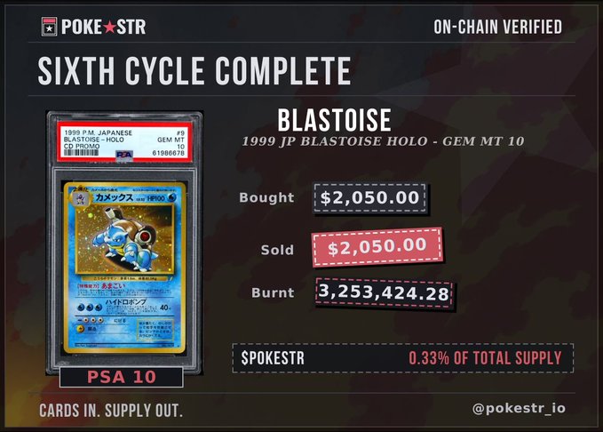 The image showcases a Pokéstr on-chain verified transaction for a PSA 10 1999 Japanese Blastoise Holo card, bought and sold at $2,050.00, with the sale proceeds burning 3,253,424.28 SPOKESTR tokens (0.33% of total supply), illustrating how the holder received a 20% discount while simultaneously increasing their token holdings' value.