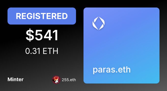 A registered digital asset on paras.eth priced at $541 (0.31 ETH), minted by 255.eth.