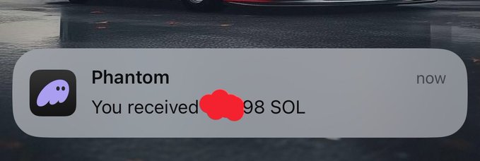 A mobile notification from 'Phantom' shows the message 'You received [redacted]98 SOL' on a dark background.
