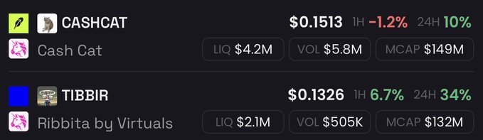 A cryptocurrency price comparison chart showing CASHCAT at $0.1513 (-1.2% 1H, +10% 24H, LIQ $4.2M, VOL $5.8M, MCAP $149M) and TIBBIR (Ribbita by Virtuals) at $0.1326 (+6.7% 1H, +34% 24H, LIQ $2.1M, VOL $505K, MCAP $132M), illustrating the close competition between the two tokens referenced in the post.