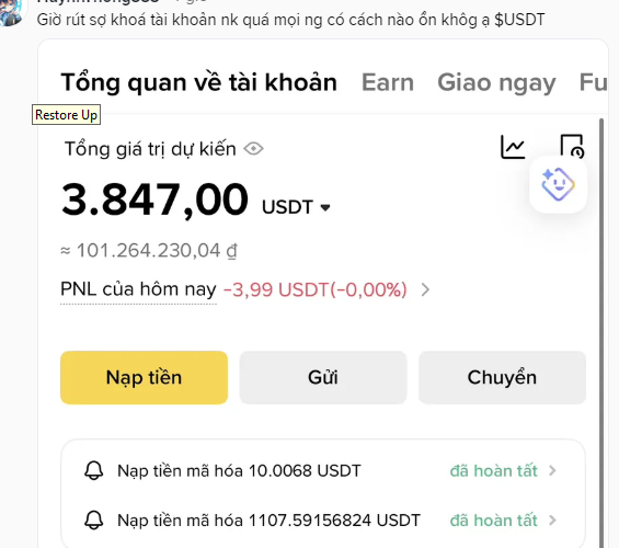 In the image, a group of people are discussing a foreign exchange market on Twitter. One person has posted a question about an account that holds nearly 4,000 US dollar worth of currency. The exchange rate shown for this currency appears to be 3.847/1 USDT or 3.9/0.01 EURO.

The post is marked as restored with a "Gif" in the top left corner and an "Emp" in the bottom right corner, indicating that it has been successfully uploaded on Twitter for users to follow. The image also includes text written in two different languages (French and English), likely to provide more information about this exchange or its users' cultural background.