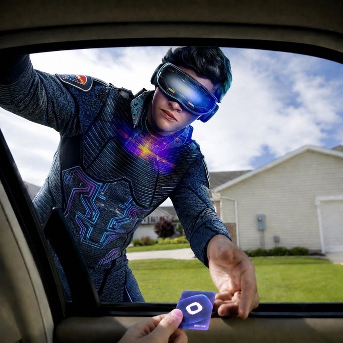 A person wearing futuristic neon-accented tactical armor and a glowing blue visor stands outside a suburban home, leaning through a car window to accept a small purple digital card.