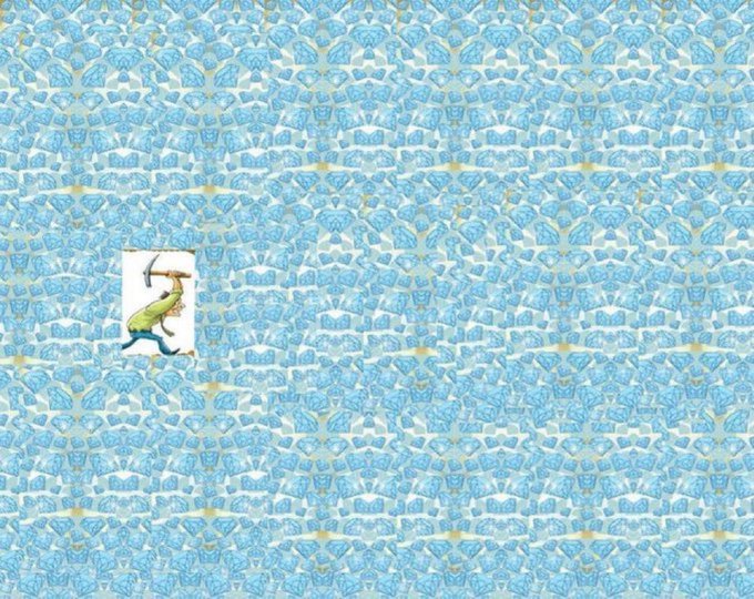 A small illustration of a person in green walking with a cane, placed against a repeating blue patterned background.