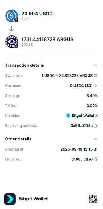 A Bitget Wallet transaction confirmation screen showing a swap of 20.904 USDC for 1731.44118728 ARGUS, with a 3.40% slippage and a 0.00% transaction fee.