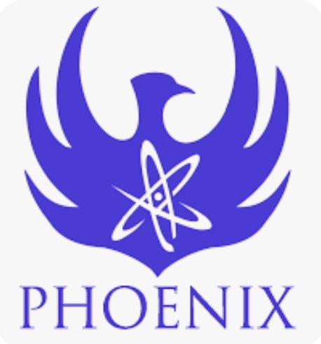 A blue logo featuring a phoenix with a flame-like design and an atomic symbol, with the word 'PHOENIX' beneath it.