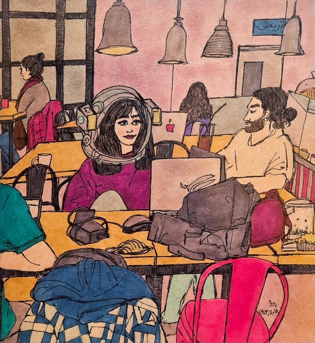 A colorful hand-drawn illustration depicts a woman wearing a space helmet-like headpiece sitting at a cafe table with a laptop, surrounded by other patrons in a warmly colored interior.