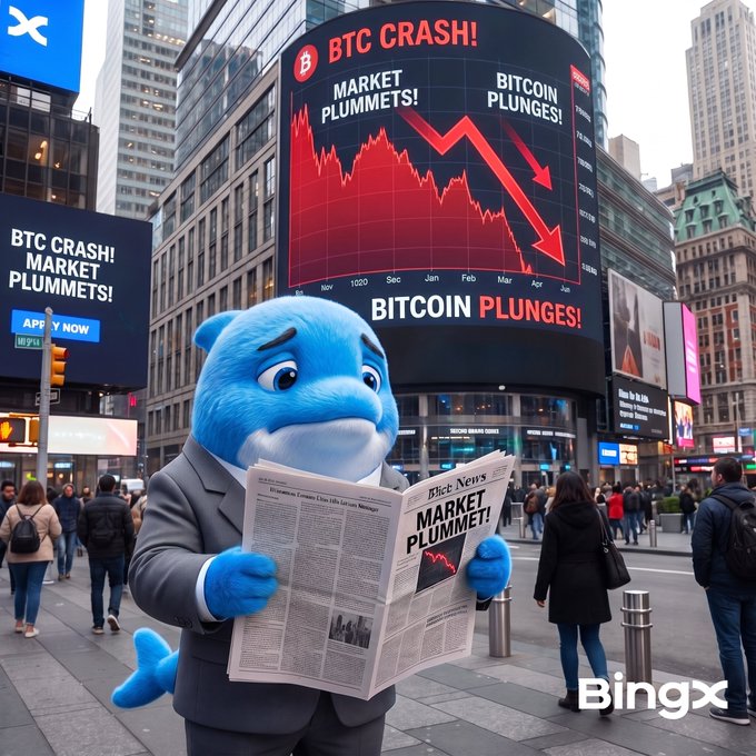 A blue shark mascot in a suit reading a newspaper about a market plunge in a city square, with billboards showing "BTC CRASH! MARKET PLUMMETS!" and "BingX" logo.