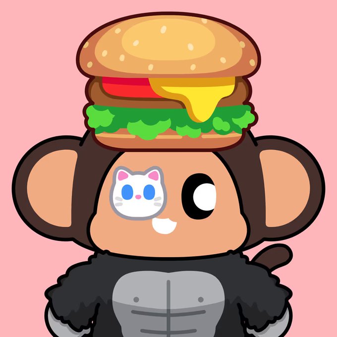 A cartoon illustration features a chubby monkey wearing a Hello Kitty eye patch and a muscle shirt, balancing a cheeseburger on its head against a pink background.