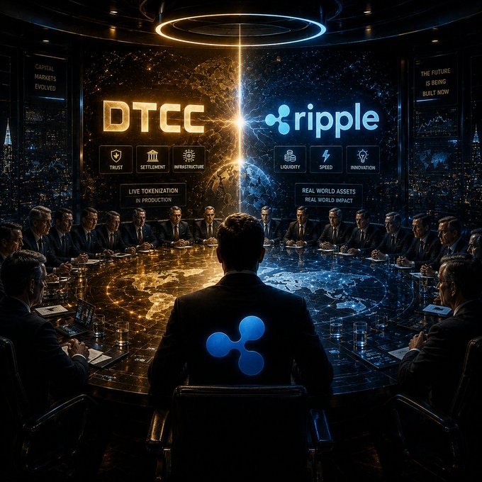 The image depicts a futuristic boardroom meeting with executives seated around a glowing table, split between a golden "DTCC" side highlighting "Trust," "Settlement," "Infrastructure," and "Live Tokenization in Production," and a blue "Ripple" side emphasizing "Liquidity," "Speed," and "Innovation" with "Real World Assets, Real World Impact" — visually representing the anticipated partnership where DTCC and Ripple Prime converge to make tokenization history.