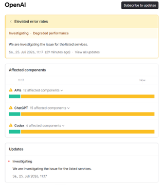 The image shows an OpenAI service status page reporting "Elevated error rates" affecting APIs, ChatGPT, and Codex, with 4 affected components in Codex. The user's frustration aligns with the status page's indication that Codex is under investigation due to degraded performance as of July 25, 2026.