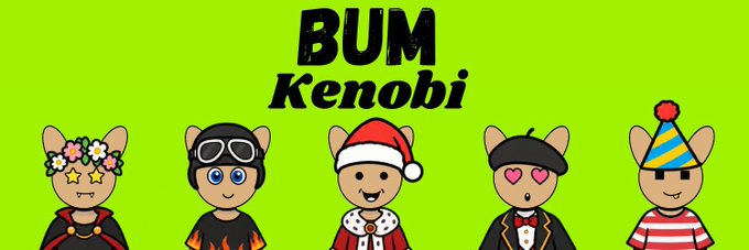 The image displays a bright green banner titled "BUM Kenobi" featuring five cartoon mouse-like characters in various costumes—including a flower-crowned wizard, a biker with goggles, a Santa, a beret-wearing heart-eyes character, and a party-hat-wearing figure—promoting the BumKenobi NFT project's free mint event.