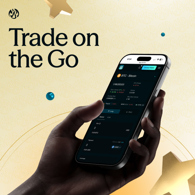 A promotional advertisement with the text 'Trade on the Go' showing a hand holding a smartphone displaying a Bitcoin (BTC) trading interface priced at $66,553.03 on a yellow background with star accents.