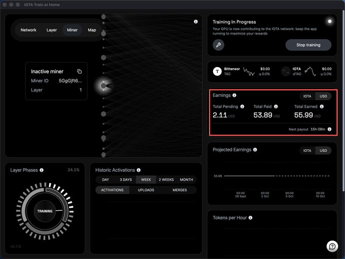 A dashboard for 'IOTA Train at Home' displays training progress, with a red box highlighting earnings: Total Pending 2.11 USD, Total Paid 53.89, and Total Earned 55.99 USD.