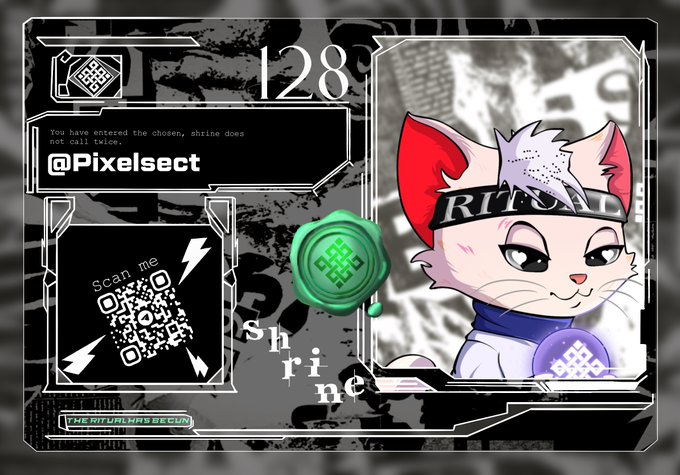 A digital card design featuring an anime-style cat character wearing a "RITSU" headband, alongside a QR code labeled "Scan me" and the handle @Pixelsect with "Shrine" text.