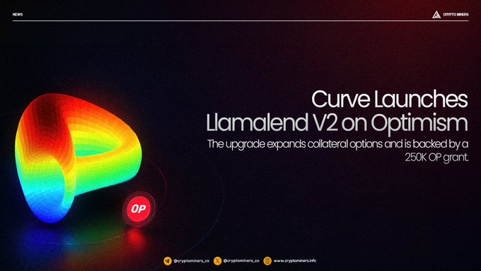 The image features an advertisement for CurveFinance's new lending system called Llamalend v2. The background of the image is black with a rainbow-colored spiral design, which adds a vibrant touch to the overall presentation. The text on the image reads "Curve Launches Llamalend v2 on Optimism" and "The upgrade expands collaborative options and backed by a 250k OP token grant from the Optimism". This suggests that the new lending system is designed to provide more flexibility in terms of collateral and assets, as well as offering financial support through an OP token.