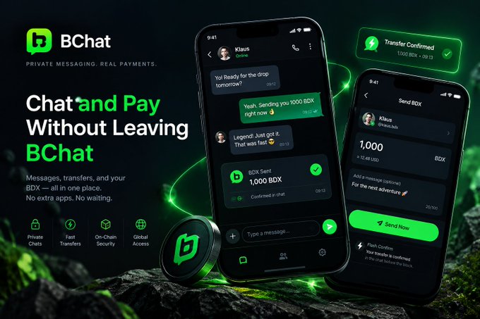 An advertisement for the 'BChat' app featuring the tagline 'PRIVATE MESSAGING. REAL PAYMENTS.' and 'Chat and Pay Without Leaving BChat', showing mobile phone screens with chat and BDX token transfer interfaces.