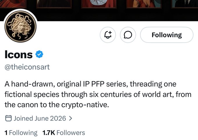 An X/Twitter profile for 'Icons' (@theiconsart), described as 'A hand-drawn, original IP PFP series, threading one fictional species through six centuries of world art, from the canon to the crypto-native,' with a Medusa-themed profile picture, joined June 2026, and 1.7K followers.