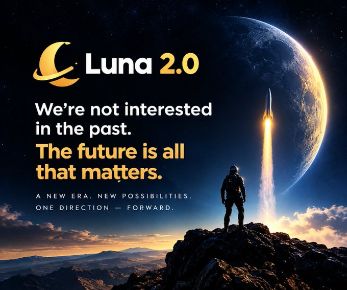 A promotional graphic for 'Luna 2.0' featuring an astronaut on a rocky peak watching a rocket launch toward Earth, with the text 'We're not interested in the past. The future is all that matters.'