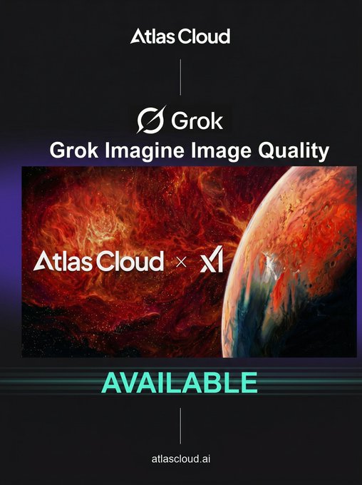 The image features a poster for an Atlas Cloud service that includes a planet, a red star, and text about the service's capabilities. The poster also mentions that the service is available for download.