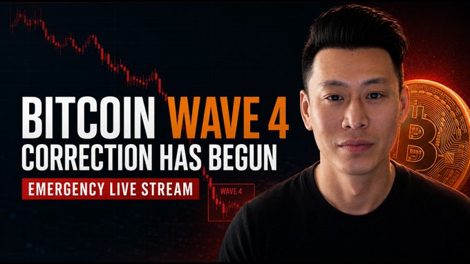 A thumbnail for an emergency live stream featuring a man beside a Bitcoin coin, displaying the text "BITCOIN WAVE 4 CORRECTION HAS BEGUN" and "EMERGENCY LIVE STREAM" against a downward-trending red chart, promoting an urgent video analyzing the latest market correction.