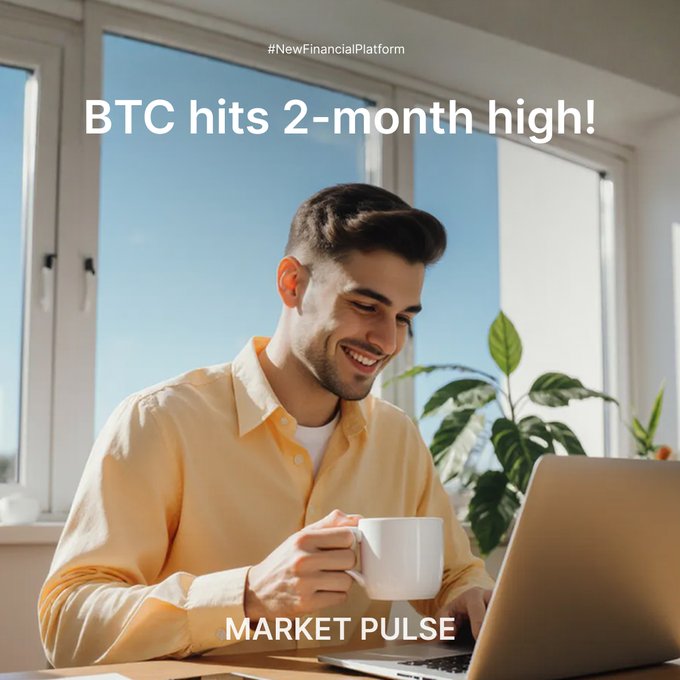 A man smiles while holding a coffee mug and working on his laptop, overlaid with the text "BTC hits 2-month high!" and "MARKET PULSE," visually capturing the upbeat mood of Bitcoin breaching $72K for the first time since June as referenced in the post.