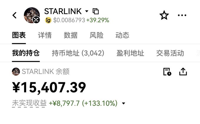 A cryptocurrency portfolio interface showing STARLINK holdings valued at ¥15,407.39 with an unrealized gain of ¥8,797.7 (+133.10%) and current price of $0.0086793 (+39.29%).