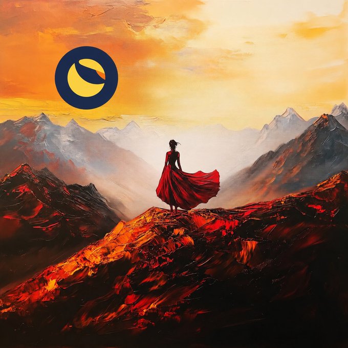 A painted scene shows a woman in a flowing red dress standing atop a fiery red mountain, overlooking a misty range beneath an orange sunset sky, with a yellow crescent moon emblem in the upper left.