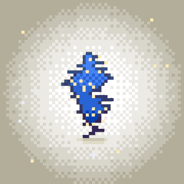 A pixel-art animation frame shows a blue silhouette of a character, possibly a sorceress, against a light grey circular background with falling sparkles.