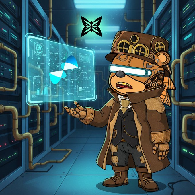A steampunk-styled cartoon bear wearing goggles and a top hat stands in a server room, gesturing toward a holographic display showing a butterfly logo and data visualizations.