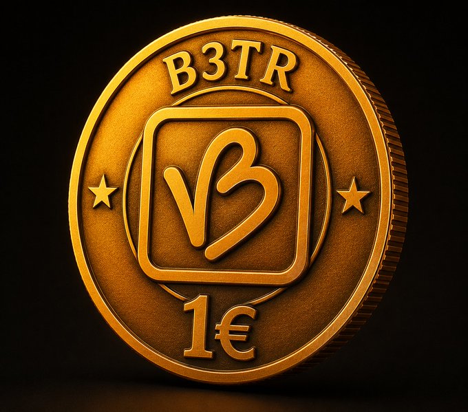 A close-up of a gold coin with 'B3TR' written on it, featuring a stylized 'VB' logo in the center and '1€' at the bottom, set against a black background.