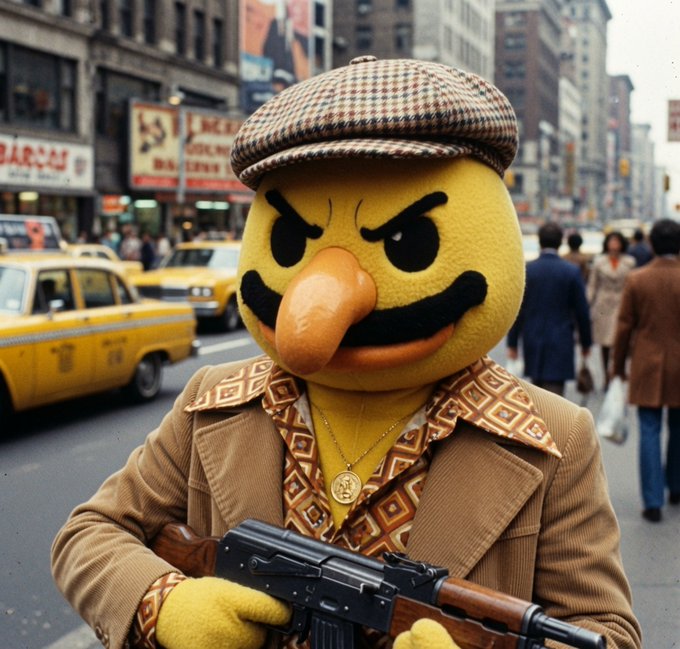 A man in a yellow bird mascot mask, plaid flat cap, and 1970s-style patterned shirt holds an assault rifle on a busy New York City street, with vintage yellow taxis and a "BARSCH" storefront visible in the background. The image humorously dramatizes the poster's online bingo dispute, portraying them as an armed cartoonish "bingo vigilante" ready to settle scores with everyone who's blocked them.