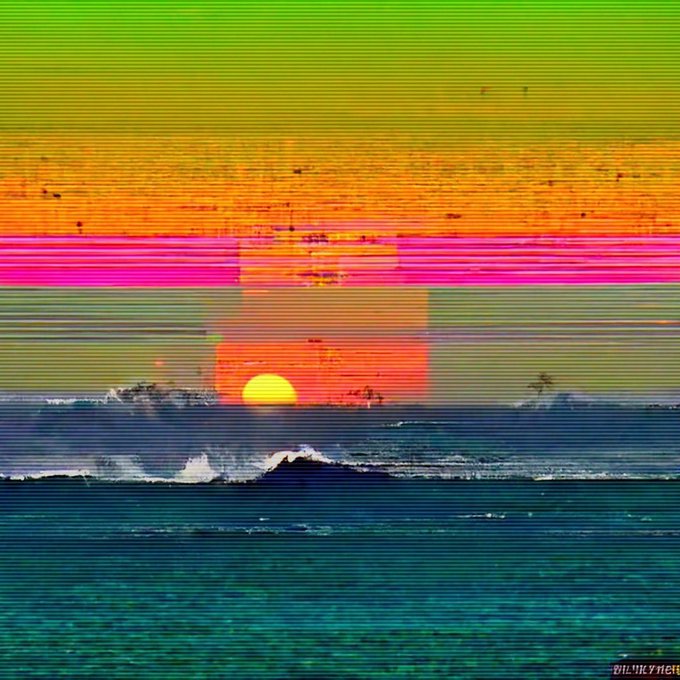 A glitched, vaporwave-style sunset over ocean waves, with horizontal color bands of green, yellow, orange, and pink cutting across a yellow sun dipping toward the horizon, and a watermark reading "FALSE_VISTAS" in the bottom right corner. The image relates to the post by showcasing one of the artworks from the "FALSE_VISTAS" 2022 collection, which has received a purchase offer of 300 XTZ for the entire set.
