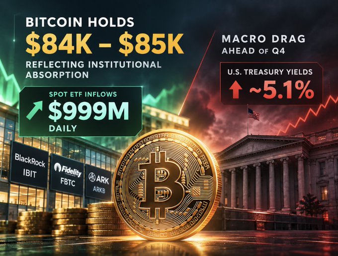 A Bitcoin market graphic showing BTC holding $84K-$85K reflecting institutional absorption, with spot ETF inflows of $999M daily, against macro drag from U.S. Treasury yields at ~5.1%.