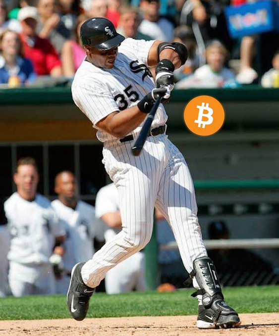 A Chicago White Sox player wearing jersey #35 swings a bat at home plate, with a Bitcoin logo overlaid on the image. The post draws a playful comparison between the player's consistent performance and the steady, repeated returns of the $SATA token, likening the reliability of "35 payments in a row" to a powerful slugger at the plate.