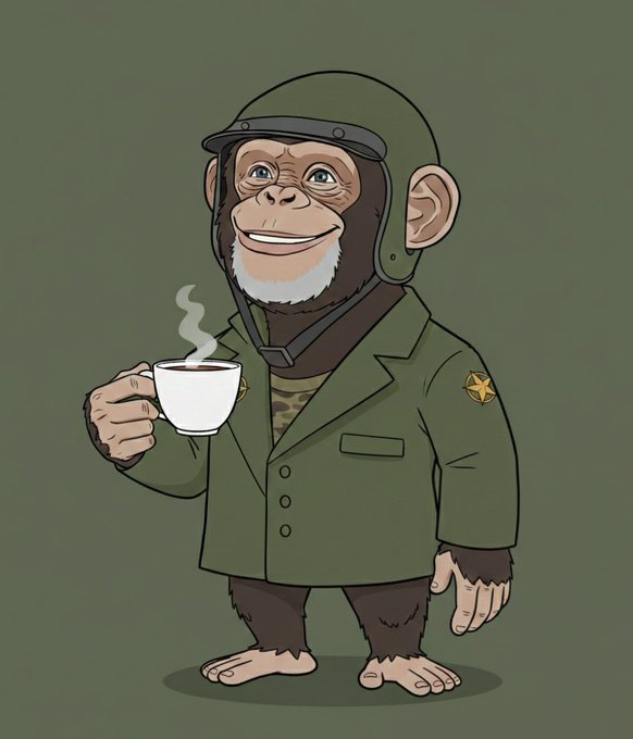 An illustration of a cartoon chimpanzee wearing a military helmet and green uniform, holding a steaming cup of coffee.