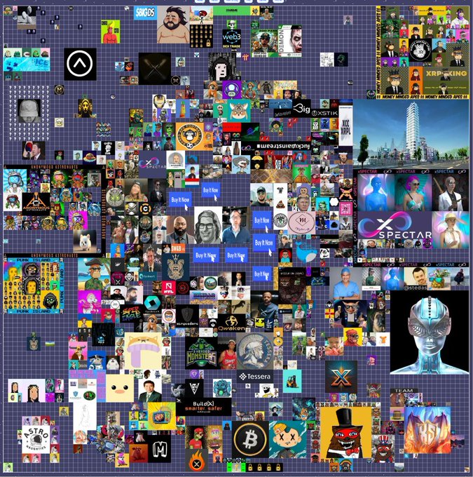 The image displays a massive, chaotic collage of crypto-related avatars, logos, and pixel art tiles on a dark grid background, with recognizable brands like XRP, Bitcoin, MonstaX, Spectar, Tessera, and Web3 visible. The reference to "Millionpixelxrp" aligns with the pixelated, grid-based artwork dominating the scene, which resembles an XRP-themed collaborative pixel canvas.