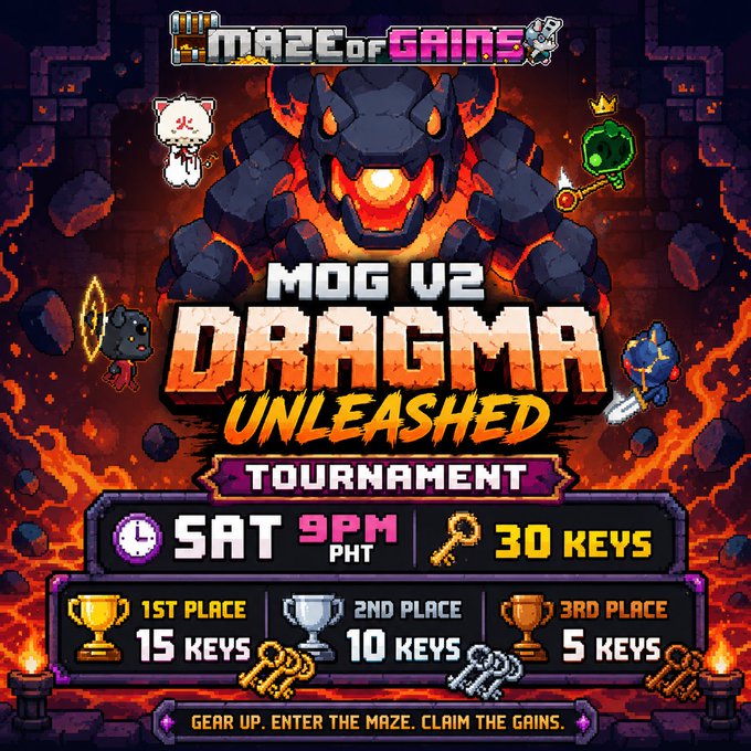 A video game promotional graphic titled "Maze of Gains" featuring "MOG V2 DRAMA UNLEASHED TOURNAMENT" with details: Saturday 9PM PHT, 30 keys to enter, and prize tiers of 15, 10, and 5 keys for 1st, 2nd, and 3rd place, with the tagline "GEAR UP. ENTER THE MAZE. CLAIM THE GAINS."