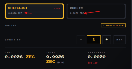 A screenshot of a cryptocurrency purchase interface showing 'WHITELIST' and 'PUBLIC' prices of 0.0026 ZEC and 0.0028 ZEC respectively, with a 'WHITELISTED' wallet status.