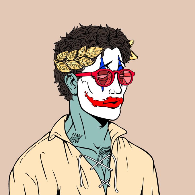 A digital illustration of a character with a Joker-like appearance, featuring white face paint, a red smile, blue diamond markings around the eyes, a golden laurel wreath, red-tinted glasses, and a beige hooded jacket.