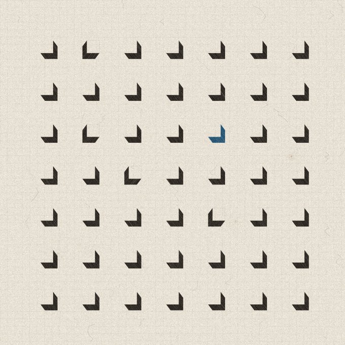 A minimalist design with a 7x7 grid of black L-shaped corner marks on cream paper, with one shape highlighted in blue, resembling a hidden picture puzzle.