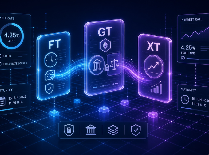 A futuristic dashboard visualizing TermMaxFi's three primitives—FT (Fixed-Term), GT (Leverage), and XT (Yield/Maturity)—each rendered as glowing 3D cards with icons like clocks, bank columns, scales, and charts, flanked by panels showing 4.25% APR and a maturity of 15 JUN 2026 at 11:59 UTC, reflecting the post's point that fixed-rate lending, leveraged positions, and alpha markets share a unified infrastructure rather than separate rails.