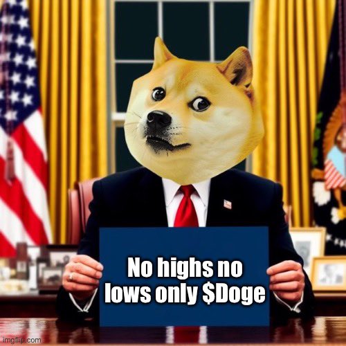 A meme image shows a Doge (Shiba Inu) character's head superimposed on a figure in a suit at what appears to be the Oval Office, holding a sign reading 'No highs no lows only $Doge'.