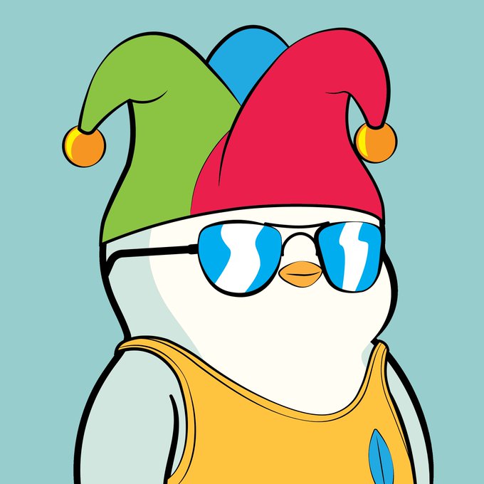 An illustration of a penguin wearing a colorful three-pointed jester hat in red, green, and blue, along with blue sunglasses and a yellow tank top.