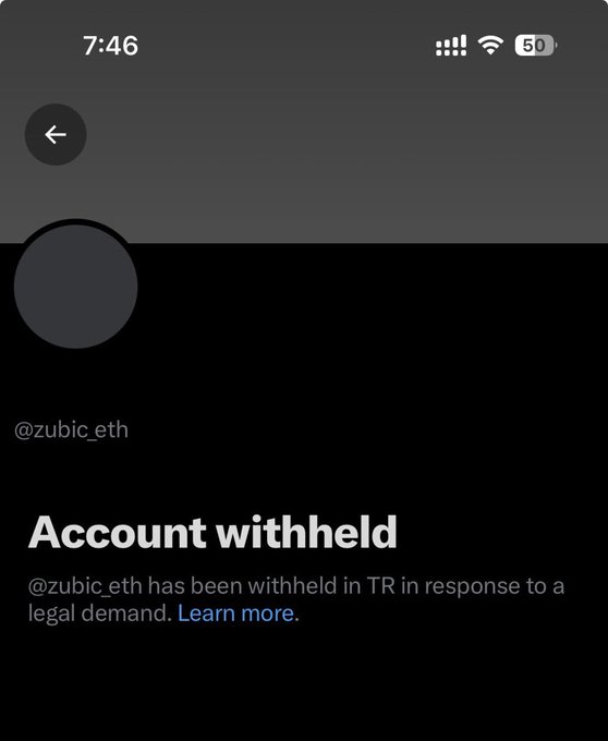 A mobile screenshot shows a social media notification stating "Account withheld" with the message "@zubic_eth has been withheld in TR in response to a legal demand."