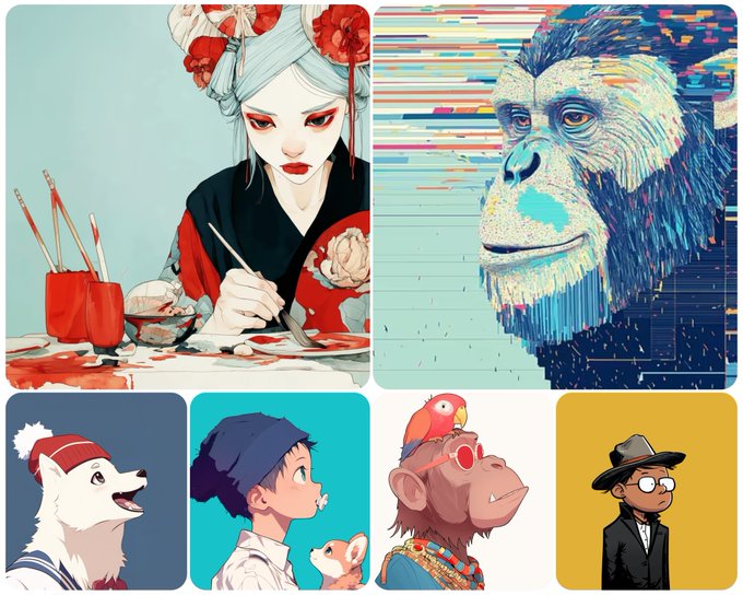 A collage of six stylized character portraits including a kimono-clad woman with traditional makeup, a glitch-effect gorilla, a white dog in a winter hat, a child with a hamster, a monkey with a parrot on its head, and a man in a fedora and glasses, with no visible text or numbers. The "7*" in the post appears to indicate a rating or count rather than a reference to content in the image.