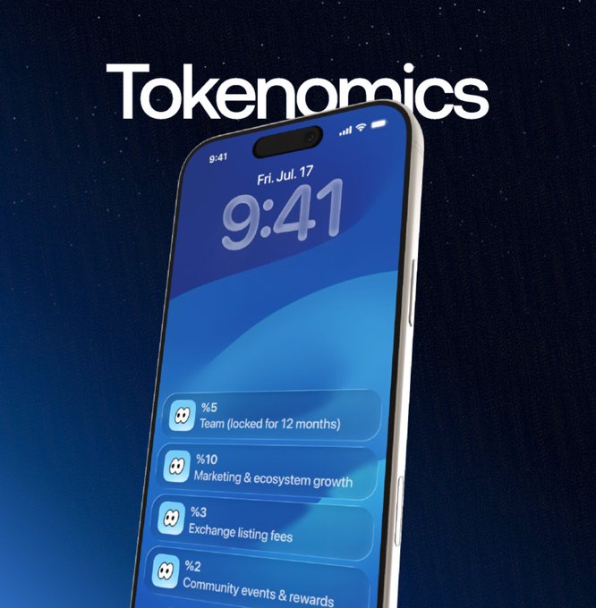 The image shows a smartphone with a dark blue screen displaying the heading "Tokenomics" and a list of token allocations: 5% for Team (locked for 12 months), 10% for Marketing & ecosystem growth, 3% for Exchange listing fees, and 2% for Community events & rewards. It visually reinforces the post's message of transparency by clearly breaking down the project's token distribution on a sleek mobile interface.