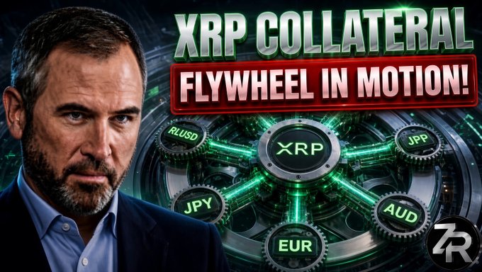 A man in a blue blazer appears alongside the bold text "XRP COLLATERAL FLYWHEEL IN MOTION!" over a mechanical gear graphic featuring XRP at the center connected to RLUSD, JPY, JPP, AUD, and EUR, illustrating the post's theme of XRP being deployed as collateral across multiple currency pairs.