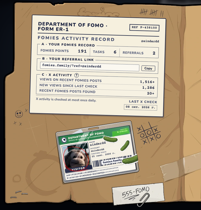 A "Department of Fomo" activity record form (Form ER-1) showing user @sinderdd's stats including 191 FOMIES POINTS, 6 TASKS, and 2 REFERRALS, with an ID card featuring a sloth image.