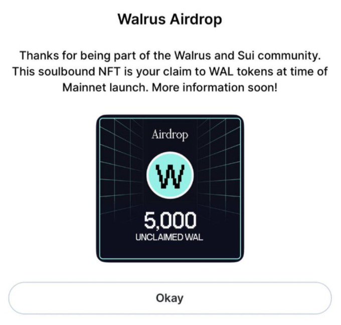 Notification screen titled "Walrus Airdrop" thanking community members and displaying a soulbound NFT with "5,000 UNCLAIMED WAL" tokens.