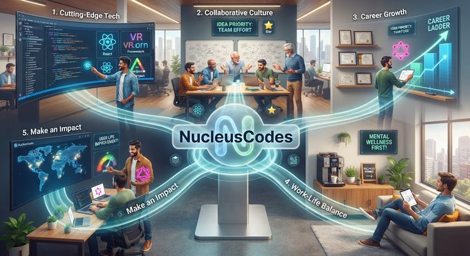An infographic for 'NucleusCodes' highlighting six benefits of working there, including '1. Cutting-Edge Tech,' '2. Collaborative Culture,' '3. Career Growth,' '4. Work-Life Balance,' '5. Make an Impact,' and '6. Make an Impact.'